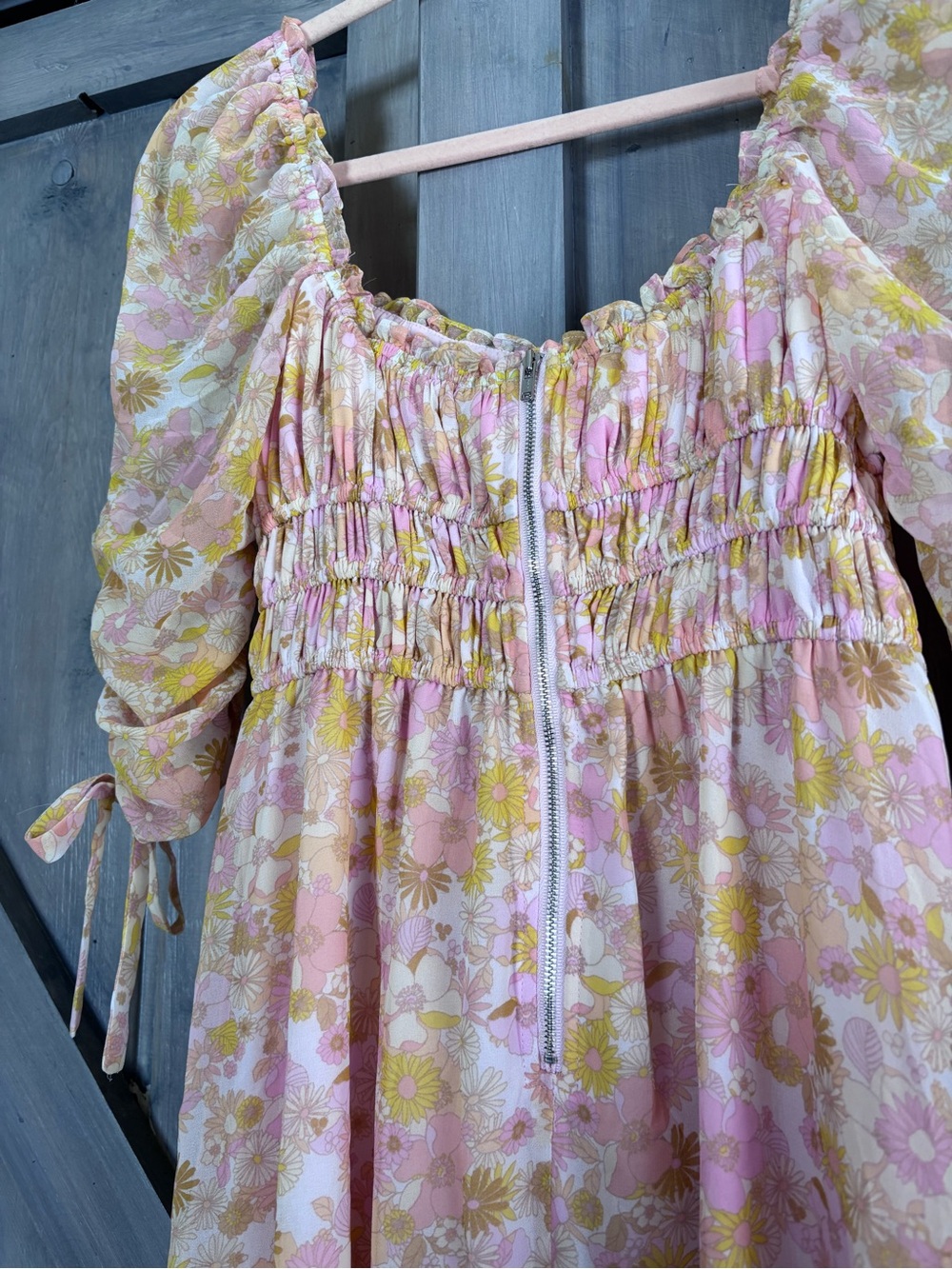 For love and lemons Eden‎ Floral Midi Dress pink yellow ruched bow sleeves XS - Picture 12 of 15
